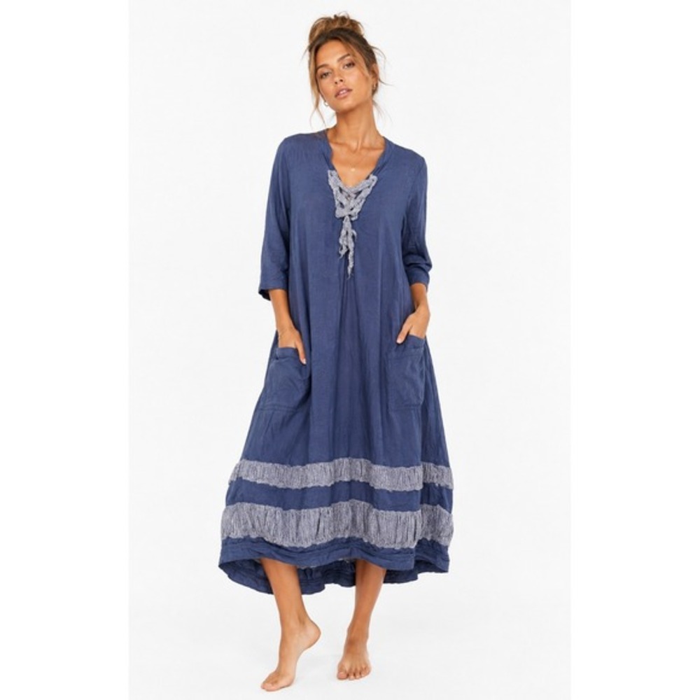 XCVI Blue Linen Blend Lace Up V-Neck Midi Dress Pockets Womens Medium